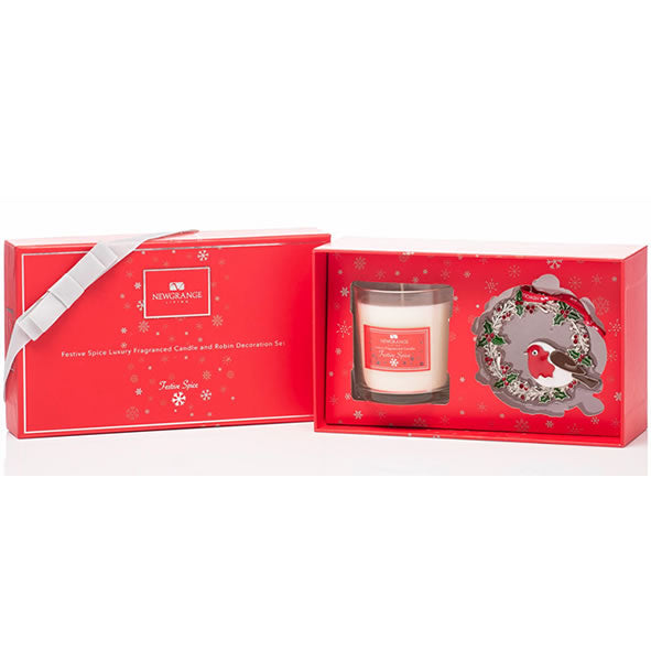 Newgrange Living - Festive Spice Luxury Candle & Robin Decoration Set