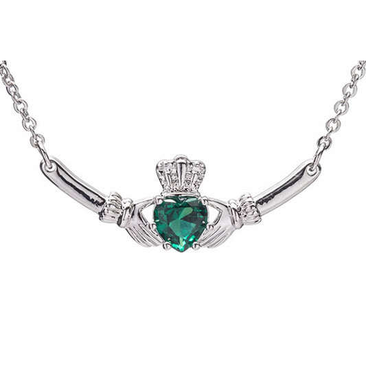 Newgrange Living - Silver Claddagh Pendant with Green Diamond