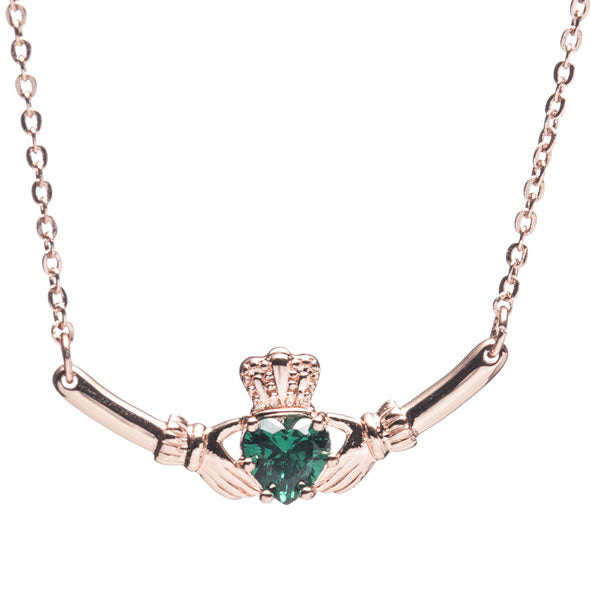 Newgrange Living - Rose Gold Claddagh with Green Stone Pendant